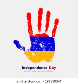 Hand print, which bears the flag. Independence Day. Grungy style. Grungy hand print with the flag. Hand print and five fingers. Used as an icon, card, greeting, printed materials. Armenian flag