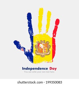 Hand print, which bears the flag. Independence Day. Grungy style. Grungy hand print with the flag. Hand print and five fingers. Used as an icon, card, greeting, printed materials. Flag of Andorra