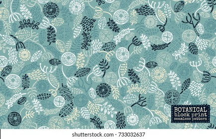 Hand Printed Ethnic Botanical Block Print Seamless Pattern. Nature Print Repeatable Background Texture. Grunge Stamp Wallpaper. Stamped Flowers, Branches, Leaves.