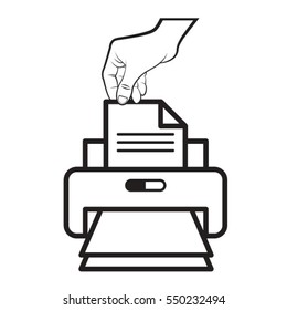 hand with printed paper in black outline-vector drawing