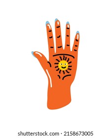 Hand mit Drucksonne auf Palme