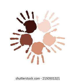 Hand Prints Different Tone Skin In Circle. Symbol Racial Equality And Diversity. Partnership And Mutual Assistance Concept. International Day Of Tolerance. Vector Illustration