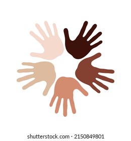 Hand prints different tone skin in circle. Symbol racial equality and diversity. Partnership and mutual assistance concept. International day of tolerance. Vector illustration