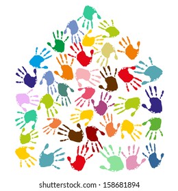 Hand prints form a house