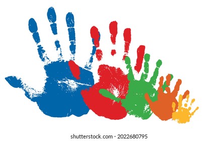 Hand prints of large family. Texture of handprints of mother, father and three children. Human fingers and palm of hands. Vector illustration