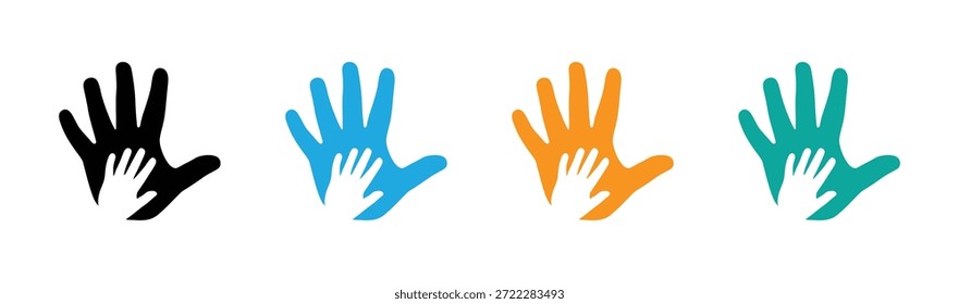 hand prints representing childhood support design, Charity icons set.  shows the relationship between parent and children. Colorful hand icons in different colors for support and teamwork.  