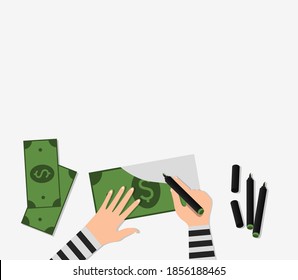 A hand in prison clothes draws a fake dollar, counterfeits money. Concept: counterfeiter. Vector illustration, flat cartoon color design, isolated on white background, eps 10.