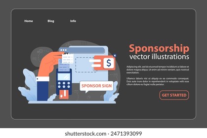 Hand processing a sponsorship transaction with a card terminal. Floating labels display sponsor sign and financial commitment. Seamless digital funding in action. Flat vector illustration