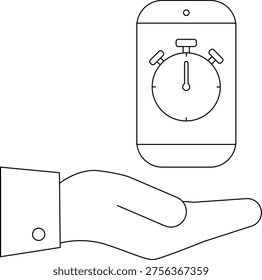 A hand proffers a phone displaying a stopwatch on its screen in a line drawing
