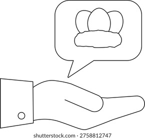 A hand proffers a thought bubble depicting three eggs in a nest
