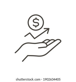 Hand and profit icon. Simple line style for web template and app. Future, pick, revenue, business, achievement, chart, diagram, vector illustration design on white background. EPS 10