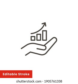 Hand and profit icon. Simple line style for web template and app. Future, pick, revenue, business, achievement, chart, diagram, vector illustration design on white background. Editable stroke EPS 10