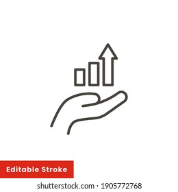 Hand and profit icon. Simple line style for web template and app. Future, pick, revenue, business, achievement, chart, diagram, vector illustration design on white background. Editable stroke EPS 10