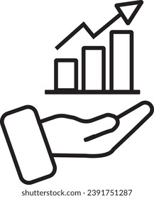 Hand und Gewinn Symbol. Einfache Zeilengestaltung für Webvorlagen und App. Umsatz, Geschäft, Leistung, Diagramm, Diagramm, Vektorgrafik Design auf weißem Hintergrund. Bearbeitbarer Strich EPS10
