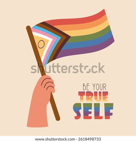 Hand with Progress Pride Flag. LGBT rainbow symbol. LGBTQ community. Holiday Card Pride month. Vector illustration