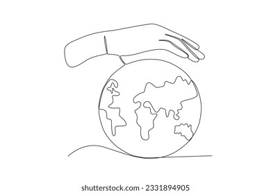 A hand protecting the earth's ozone. World ozone day one-line drawing
