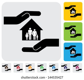 Hand protecting family & house(home)- simple vector graphic. This illustration represents concept of home insurance, family members safety, safeguarding mortgage, property & asset protection