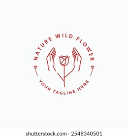 Hand Protecting a flower line art outline logo design concept. Vector illustration