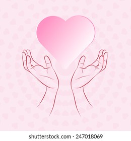 Hand protecting heart that floating on small pink heart background,valentine concept