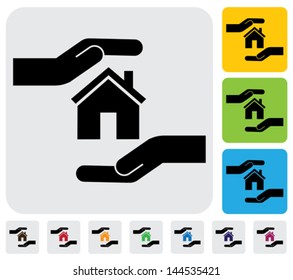 Hand protecting house(home)- simple vector graphic. This illustration represents concept of home insurance, safe real-estate transactions & business, safeguarding mortgage, property & asset protection