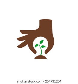 Hand protecting plant - nature conservation graphic. This illustration represents ecological protection, protecting plants and trees.