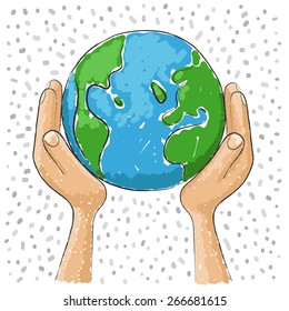 Hand protecting the world, environment protection, vector illustration.