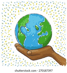 Hand protecting the world, environment protection, vector illustration.