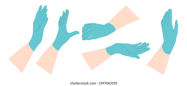 Hand In Protection Medical Glove. Nitrile, Latex Or Rubber Surgical Gloved Hands. Doctor, Nurse, Surgeon, Scientist, Cleaner. Vector Flat Cartoon Illustration