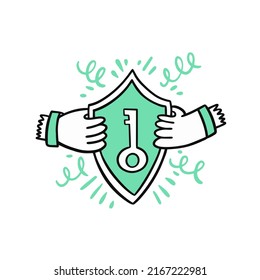 Hand and protection sign shield. Hand drawn colorful cartoon style. Doodle icon.