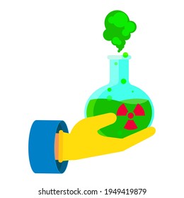 Hand in protective glove holding flask with toxic chemicals. Environmental concept. Icons with environmental images. Flat cartoon flask with toxic illustration. Objects isolated on white background.
