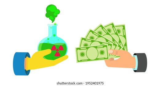 Mano en frasco protector de guantes con productos químicos tóxicos. Comprando drogas tóxicas. Venta de venenos y sustancias peligrosas. Ilustración vectorial de dibujos animados planos.