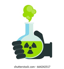 Hand In Protective Glove Holding Flask With Toxic Chemicals. Environmental Concept. Icons With Environmental Images. Flat Cartoon Flask With Toxic Illustration. Objects Isolated On White Background.