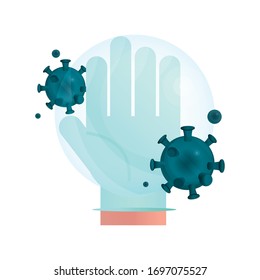 hand with protective glove pandemic stop coronavirus covid 19 vector illustration