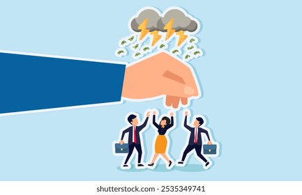 A hand protects businesspeople from a money storm, illustration of regulatory protection amid the increasing cases of corruption