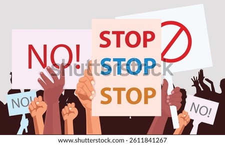 Hand with protest placard stop sign, holding banners, activist with strike manifestation. Vector lustration