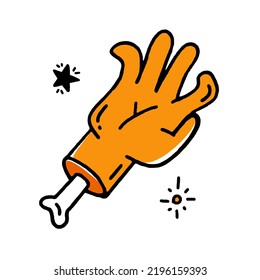 Hand with a protruding bone Halloween concept Illustration of vector design in doodle style Isolated on a white 