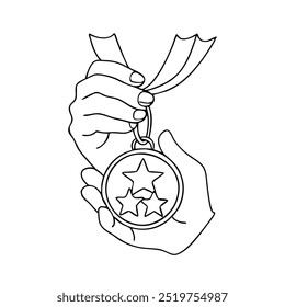 Hand proudly holds a gold medal adorned with stars continuous black line art isolated flat vector illustration on white background