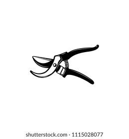 Hand pruners - gardening and farming tool for pruning branches of trees and shrubs isolated on white background. Secateurs monochrome silhouette in vector illustration.