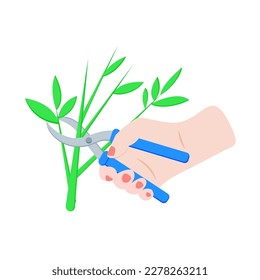 Die Hand schneidet den Gartenbaum mit Beschneiden. Konzept der Saisonarbeit. Vektorflache Illustration.