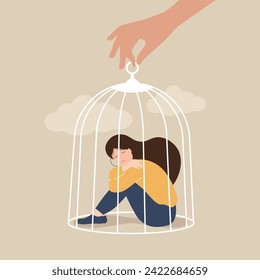 the hand of a psychologist opens a cage in which a sad girl sits. Psychological help concept. Treatment of depression concept