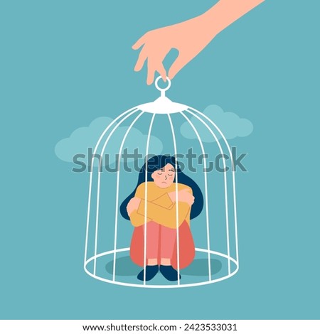 the hand of a psychologist opens a cage in which a sad girl sits. Psychological help concept. Treatment of depression concept