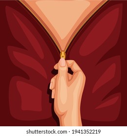 Concepto de vestimenta roja de cremallera de mano en vector de ilustración de dibujos animados