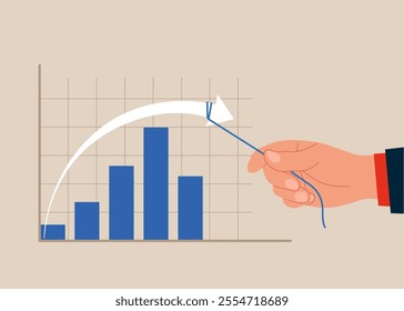 Hand pulling the arrow down. Decline. Limiting the rise in prices.  Investment profit growth, financial advisor. Make money to get rich or increase earning. Modern flat vector illustration.