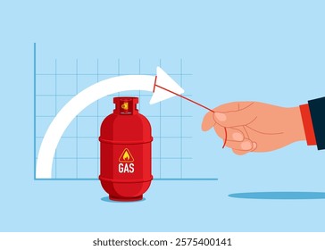 Hand pulling the arrow down. Decline in gas prices. Limiting the rise in energy prices. Gas cylinder. Modern flat vector illustration.