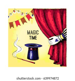 A hand pulling back the curtain. Time of magic. The hat and stick of the magician. Festive performance. Vector illustration of a sketch. Hand-drawn.