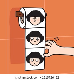 Hand Pulling Bad Mood Printed White Tissue Or Toilet Paper Roll In Holder. Wiping Out Negative Emotions Concept Card Character illustration