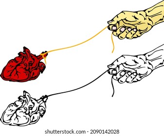 Hand pulling a bleeding heart tied to a string for the concept of pulling heartstrings. Hand drawn vector illustration.