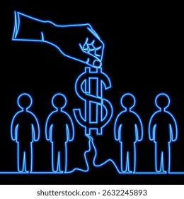 Hand Pulling Dollar Symbol from Crowd of People icon neon glow vector illustration concept