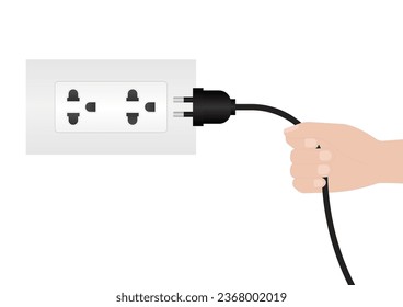 Hand Pulling Electrical Plug from Socket . Unplug Hand. Save Energy Concept. Vector Illustration