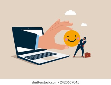 Hand pulling happiness smiling face symbol with small businessman.  Fight for happiness. Flat vector illustration